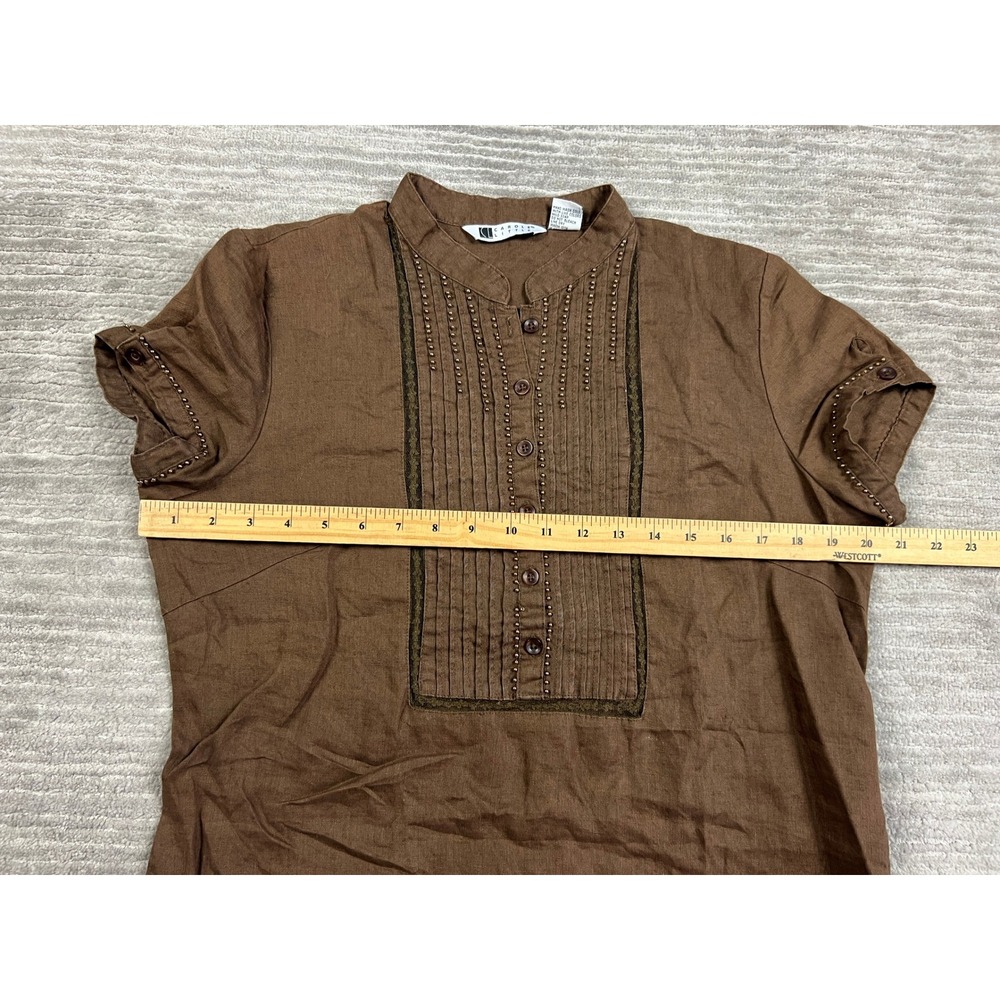 Carole Little Blouse Womens Large Brown 100% Linen Pintuck Beaded Short Sleeve - Picture 2 of 9